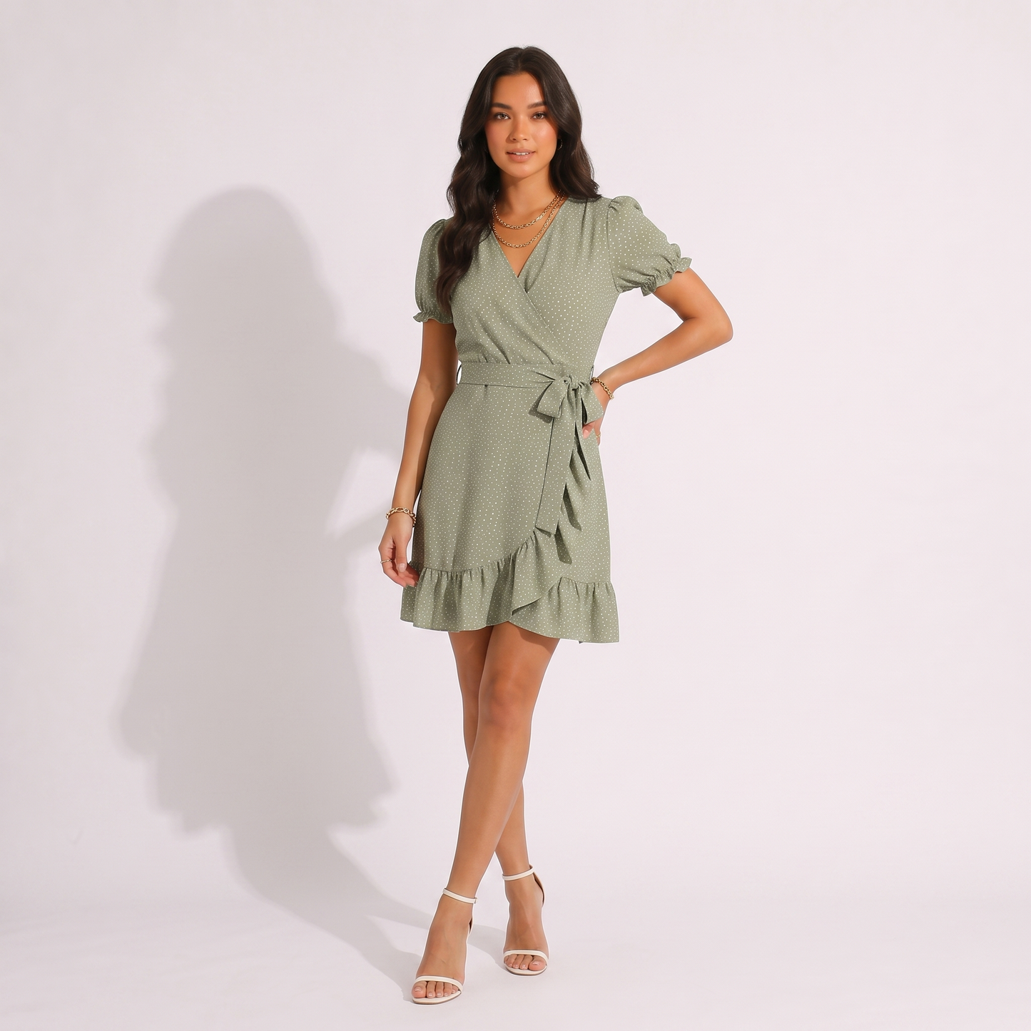 Waist Slimming V-neck Ruffled Polka Dot Skirt