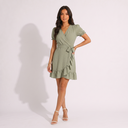 Waist Slimming V-neck Ruffled Polka Dot Skirt