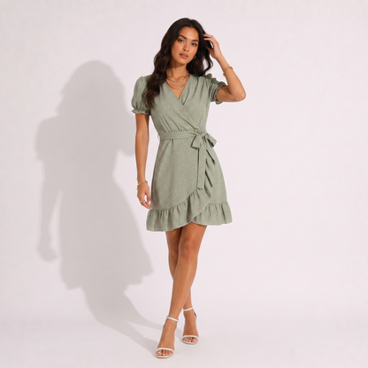 Waist Slimming V-neck Ruffled Polka Dot Skirt